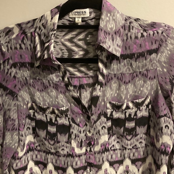 Express Women's Purple and Black Patterned Button Down Shirt - Picture 3 of 4
